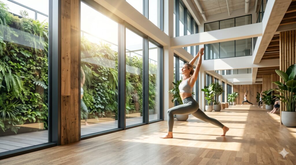 Sportliche Tanztrainerin vor einer Dance-Fitness-Einheit.