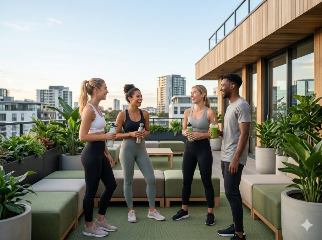 Sportler genießen gesunde Getränke und unterhalten sich auf einer Terrasse.