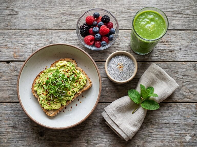 Avocado-Toast, Smoothie und frische Beeren als ausgewogene Mahlzeit.