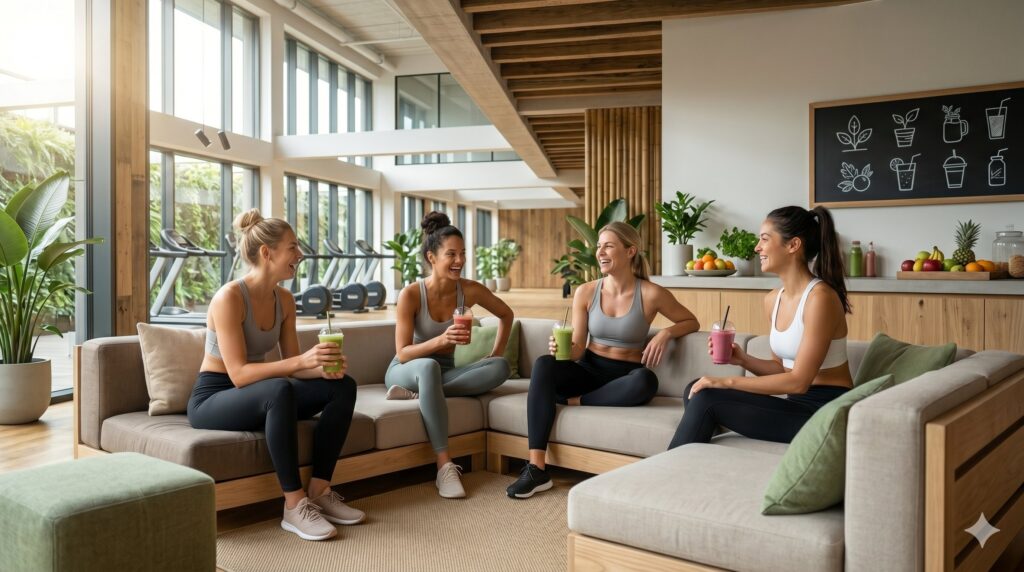 Sportler trinken gesunde Smoothies und tauschen sich in einem Fitnessstudio aus.