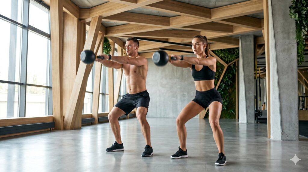 Fitnesstrainer begleitet eine Frau bei einem intensiven HIIT-Training.
