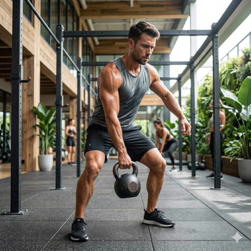 Fitnesstrainer trainiert mit Hanteln im Fitnessstudio.