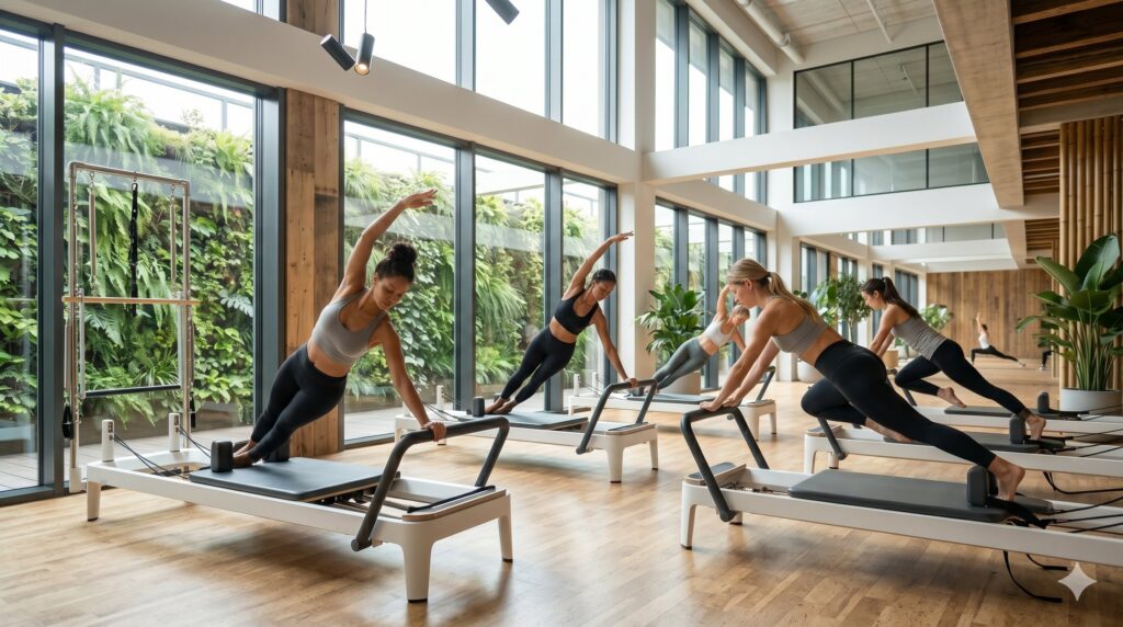 Frauen nehmen an einer Pilates-Gruppenstunde im Fitnessstudio teil.